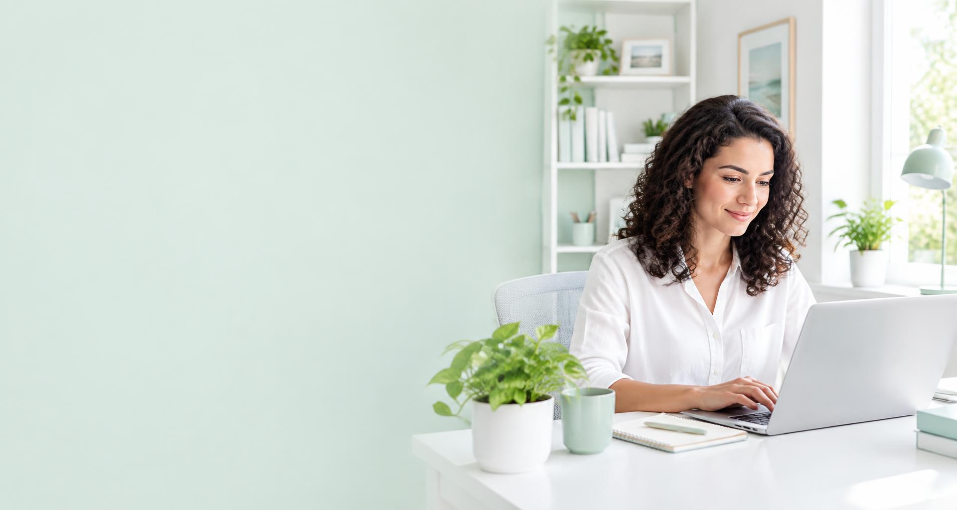 A woman comfortably browsing on her laptop in a bright home office